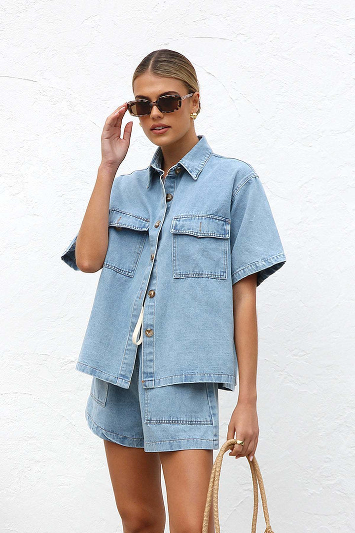 Damen Denim-Crop-Top und Shorts-Set mit praktischen Taschen und lässigem Schnitt Drune