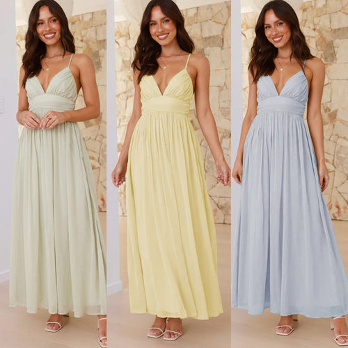 Damen elegantes Maxikleid mit tiefem V-Ausschnitt und fließendem Rock Drune