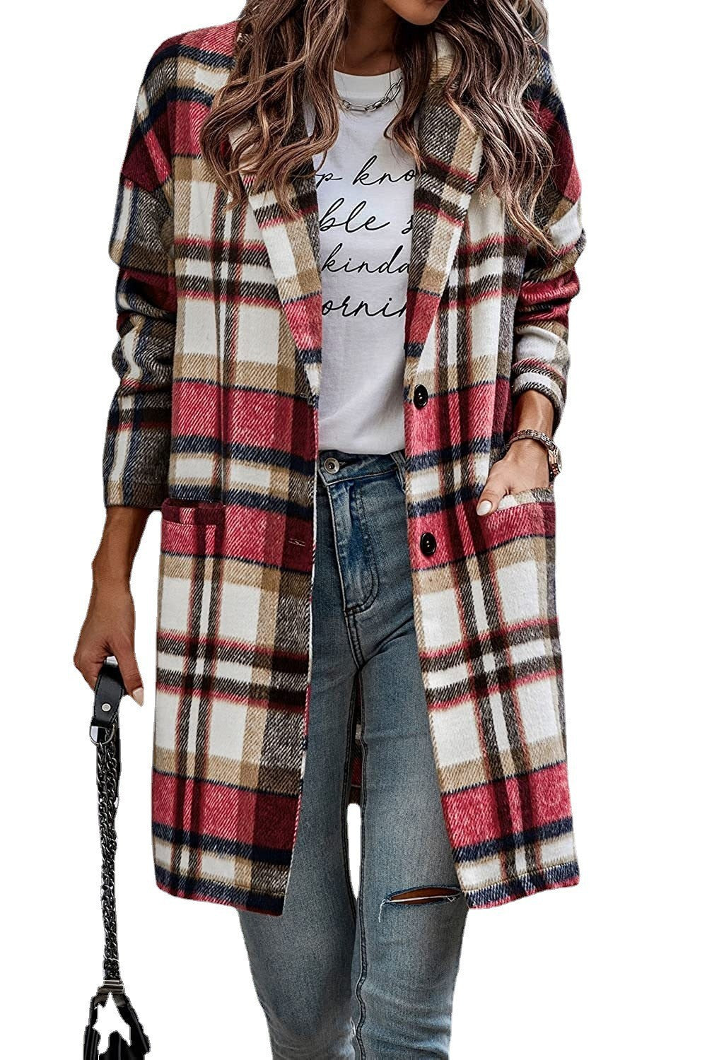 Damen Karierter Oversized-Mantel mit stilvollen Taschen und Umschlagkragen Drune