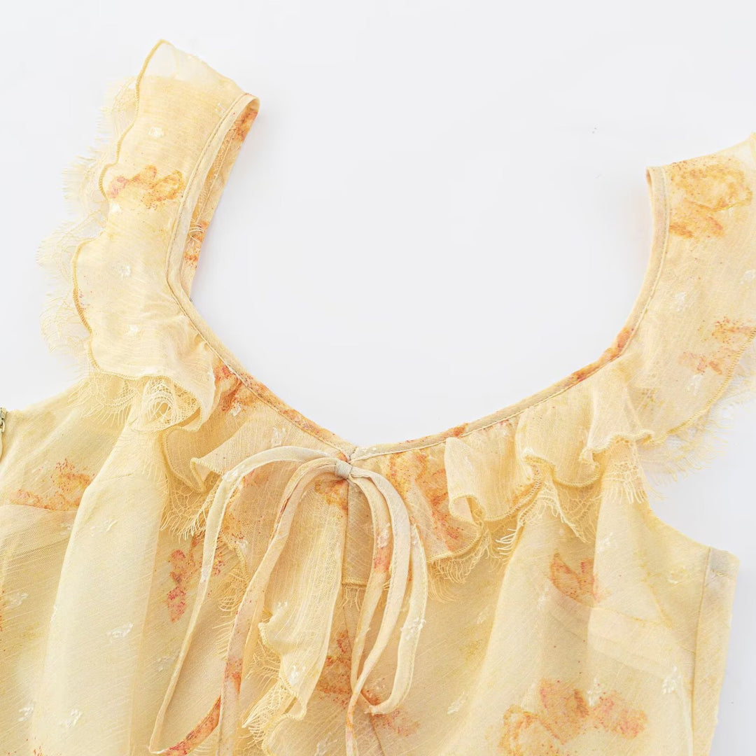 Damen Maxikleid mit verspieltem Rüschendesign und Blumenmuster Drune