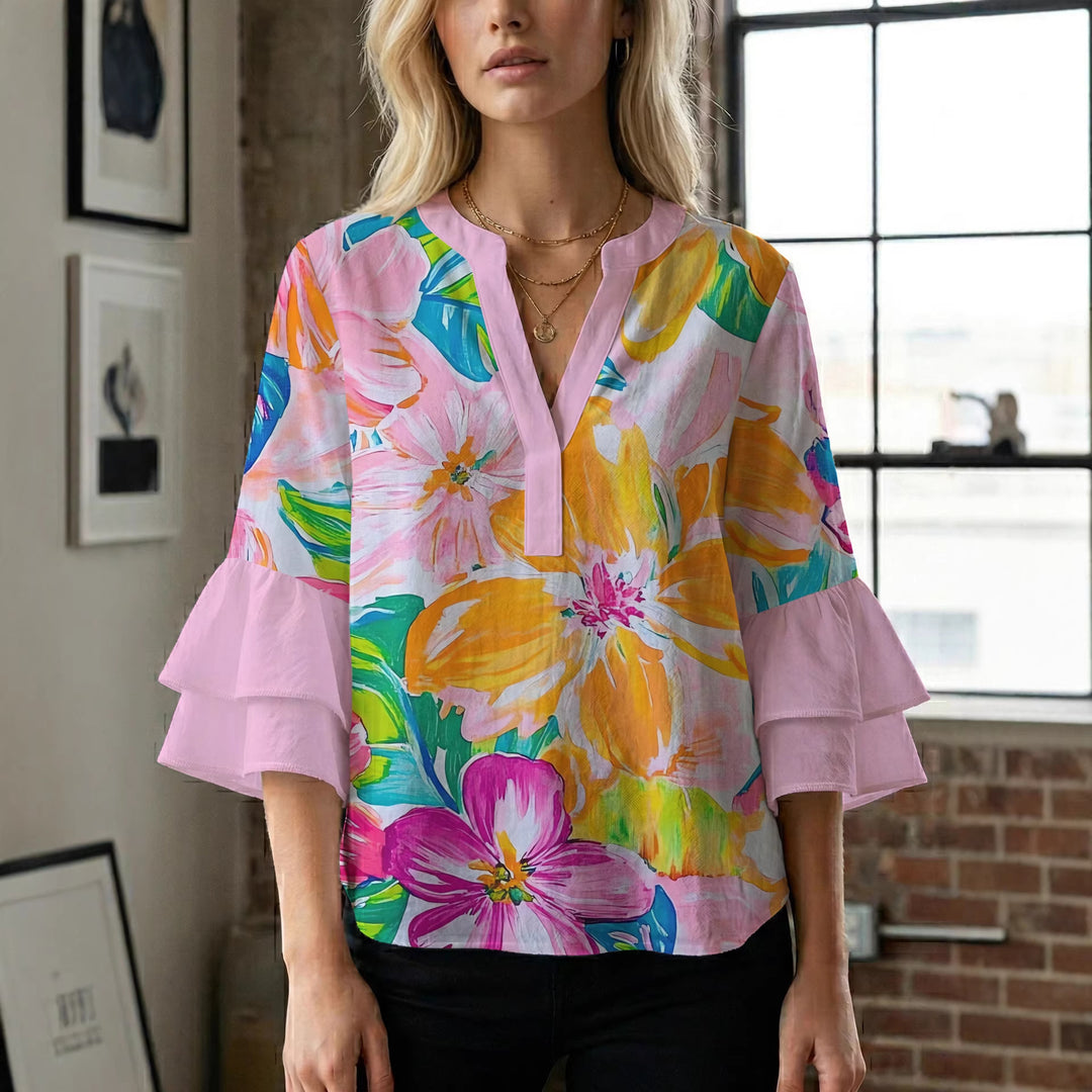Damen Bluse mit voluminösen Rüschenärmeln und floralem Muster Drune
