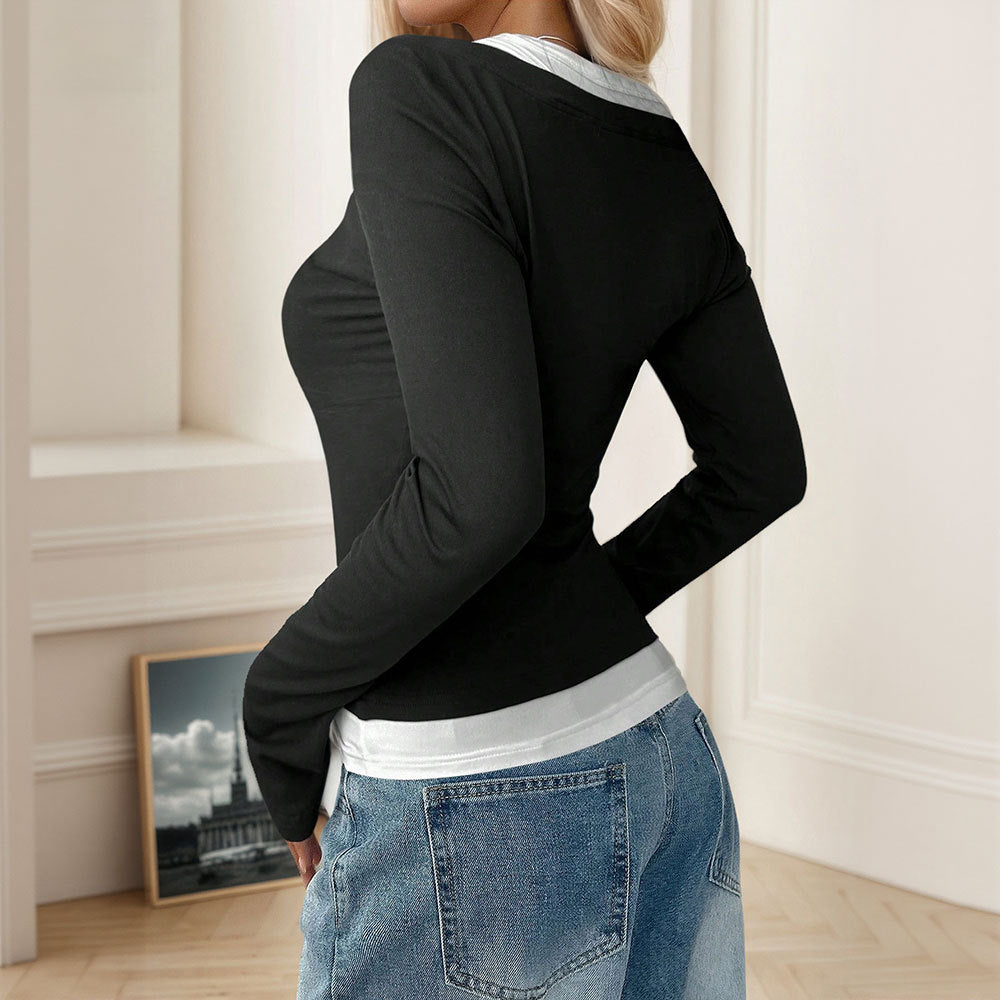 Damen Langarmshirt mit modischem V-Ausschnitt und Knopfleiste Drune