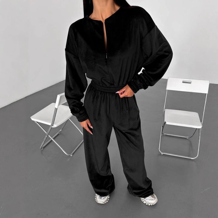 Damen cropped Fleece-Jogginganzug mit hohem Bund und elastischen Bündchen Drune
