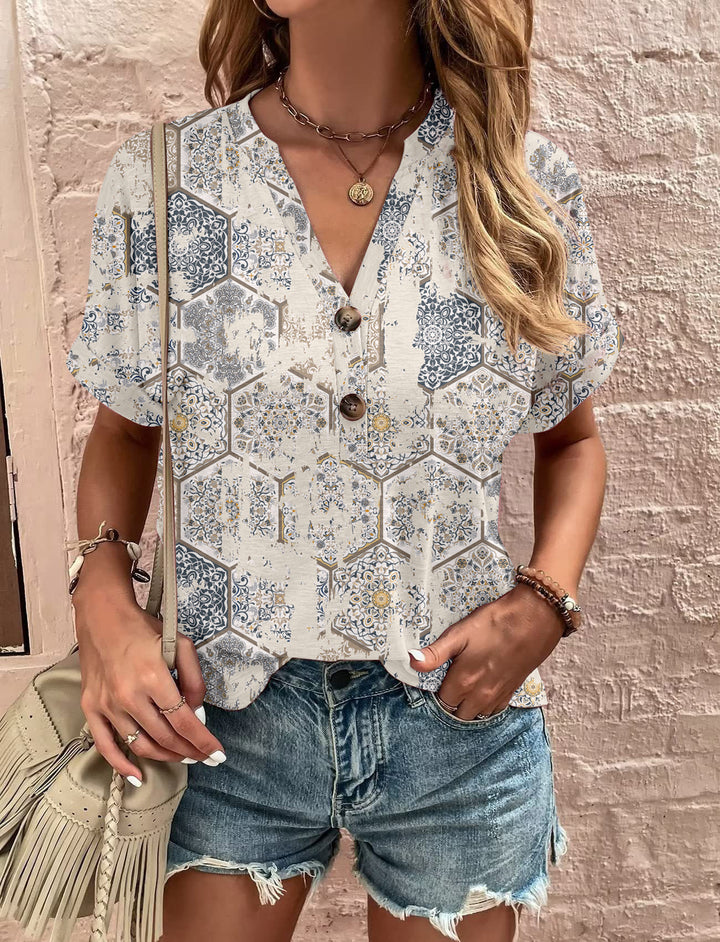 Damen lässiges kurzärmliges Blusenshirt mit verspieltem Paisleymuster und modernen Knopfdetails Drune