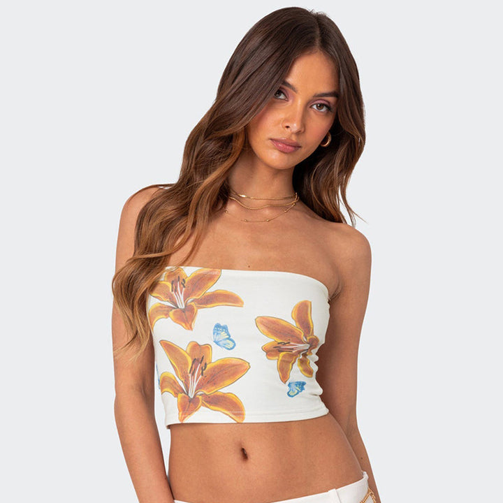 Damen Bandeau-Top mit floralem Motiv und elastischem Bund Drune