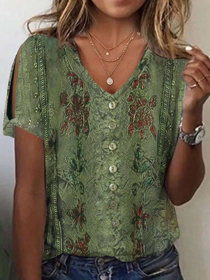 Damen V-Ausschnitt Bluse mit floralen Details und Knopfverschluss Drune
