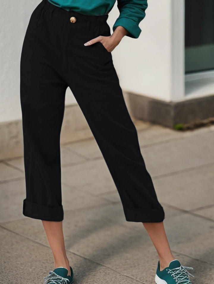 Damen Elegante Leinenhose mit breitem Bein und umschlagenem Saum Drune
