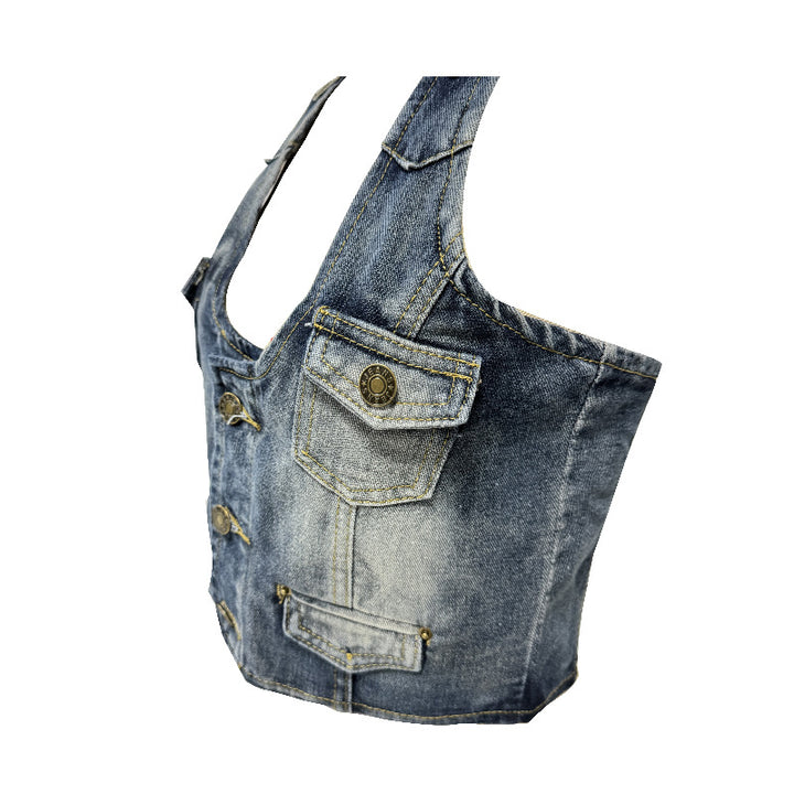 Damen Crop-Top aus Denim mit dekorativen Knopfdetails und tiefem V-Ausschnitt Drune