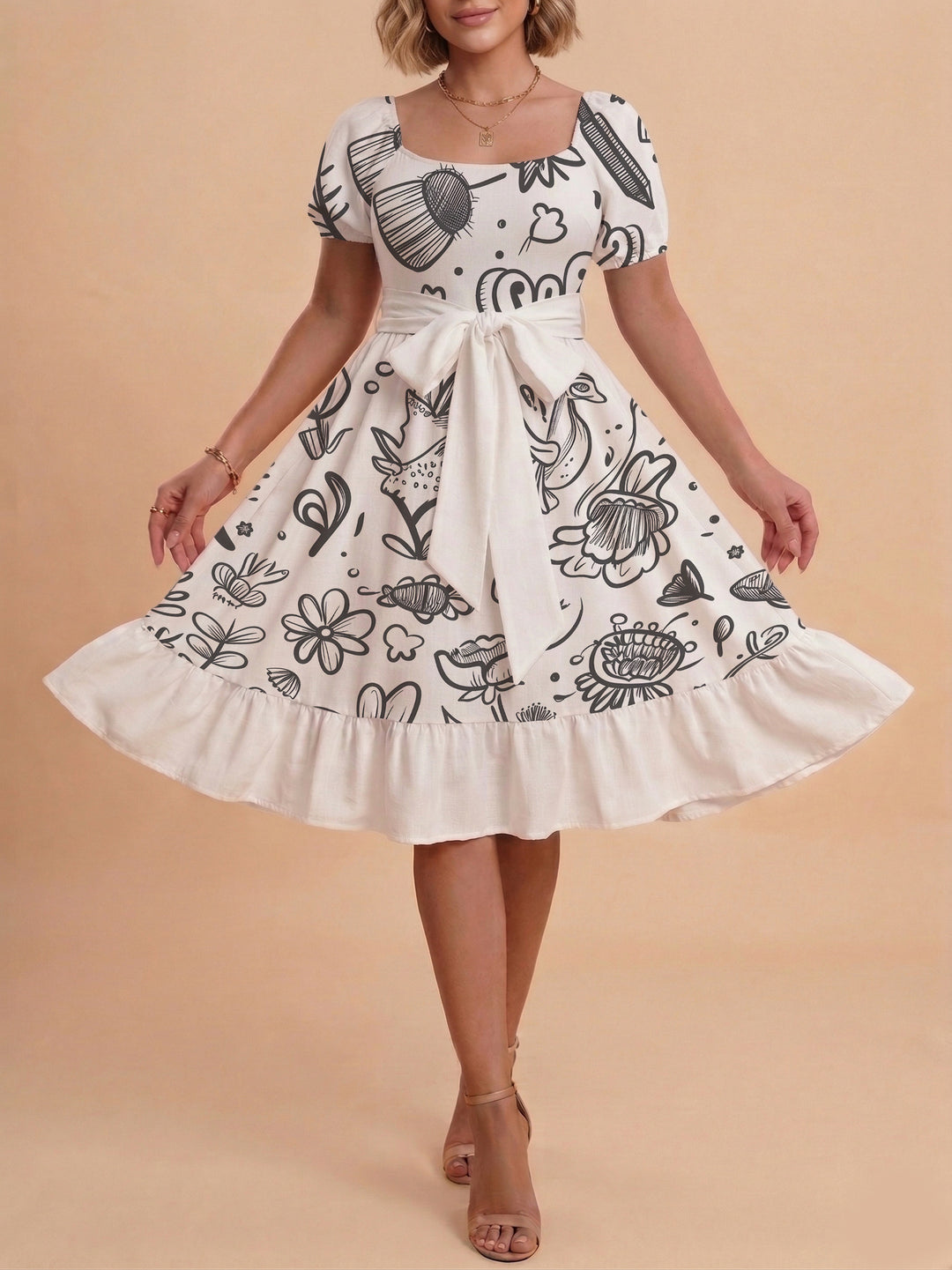 Damen Midi Kleid mit elegantem Blumendruck und tailliertem Gürtel Drune