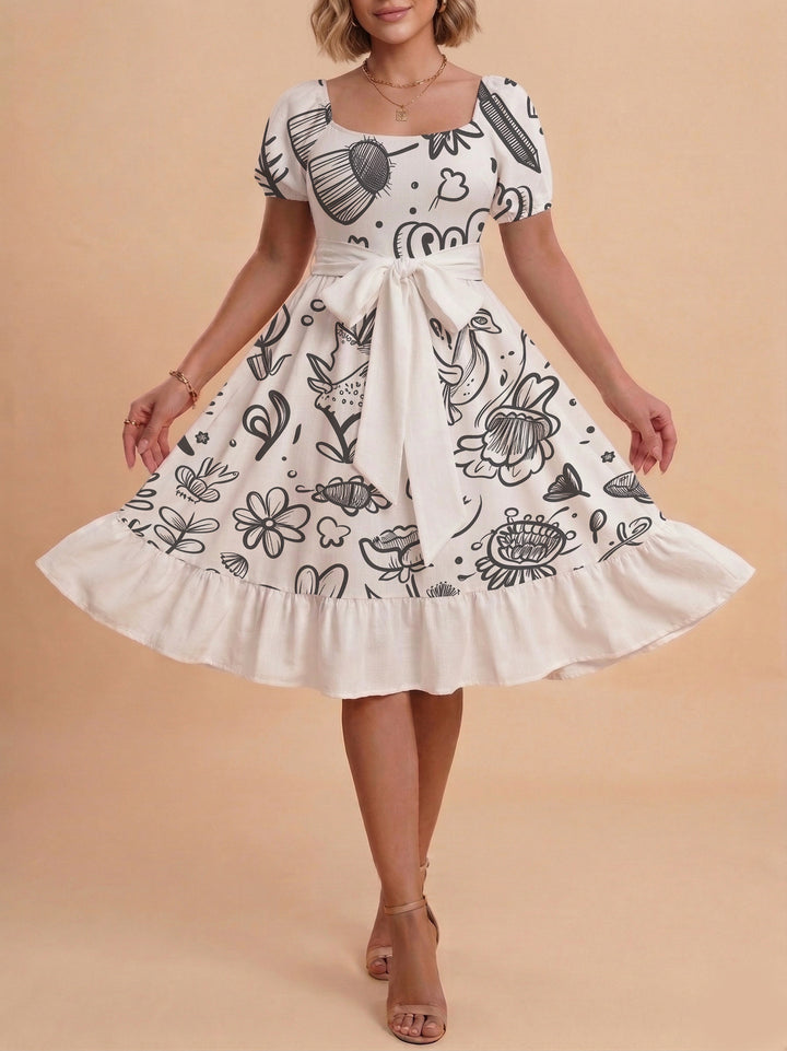 Damen Midi Kleid mit elegantem Blumendruck und tailliertem Gürtel Drune