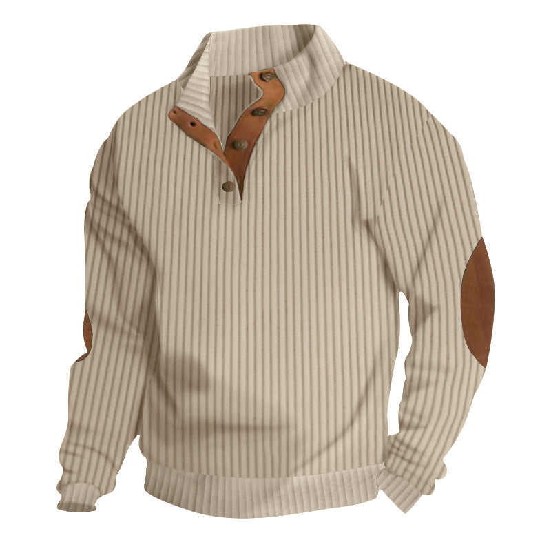 Herren nan strukturierter Ripp-Pullover mit kurzem Knopfkragen und Wildleder-Ellbogenpatches Drune