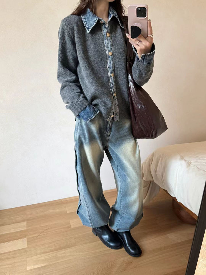 Damen modische Strickjacke mit innovativem Kragen und eleganten Knopfdetails Drune