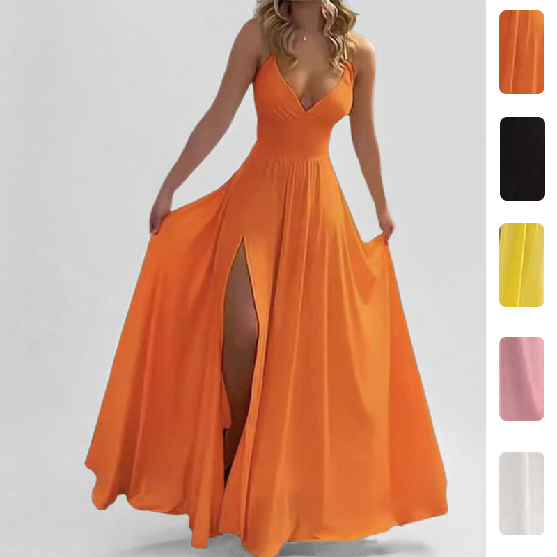 Damen Fließendes Maxikleid mit tiefem V-Ausschnitt und hohem Schlitz Drune