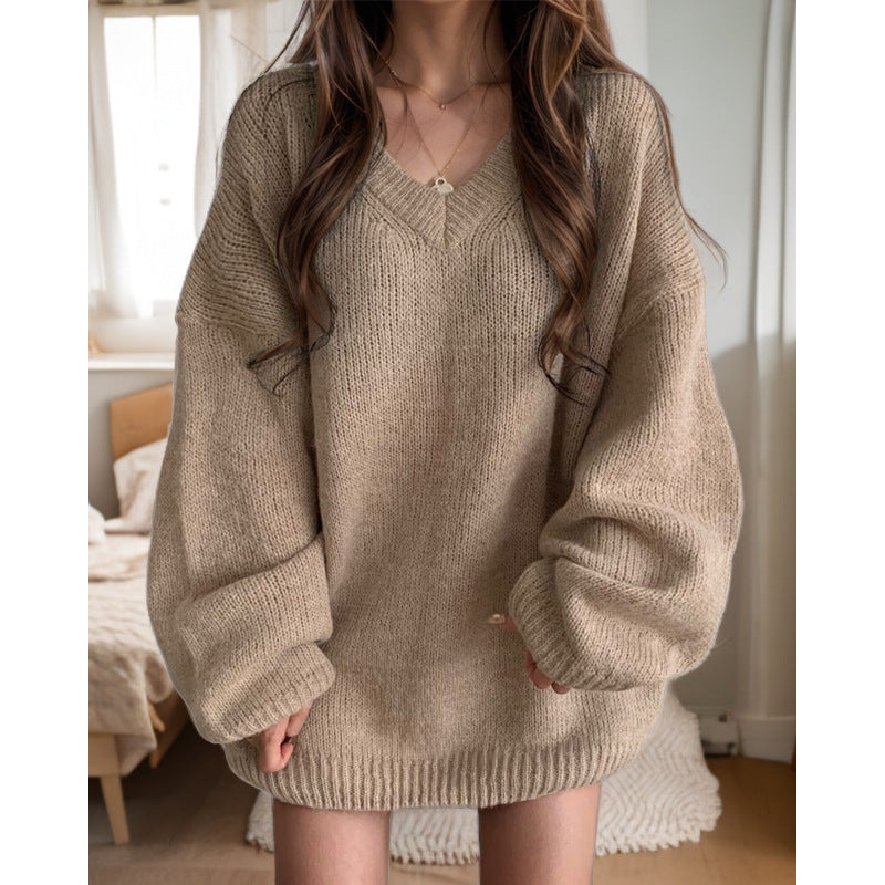 Damen Übergroßer Strickpullover mit V-Ausschnitt und weiten Ärmeln Drune