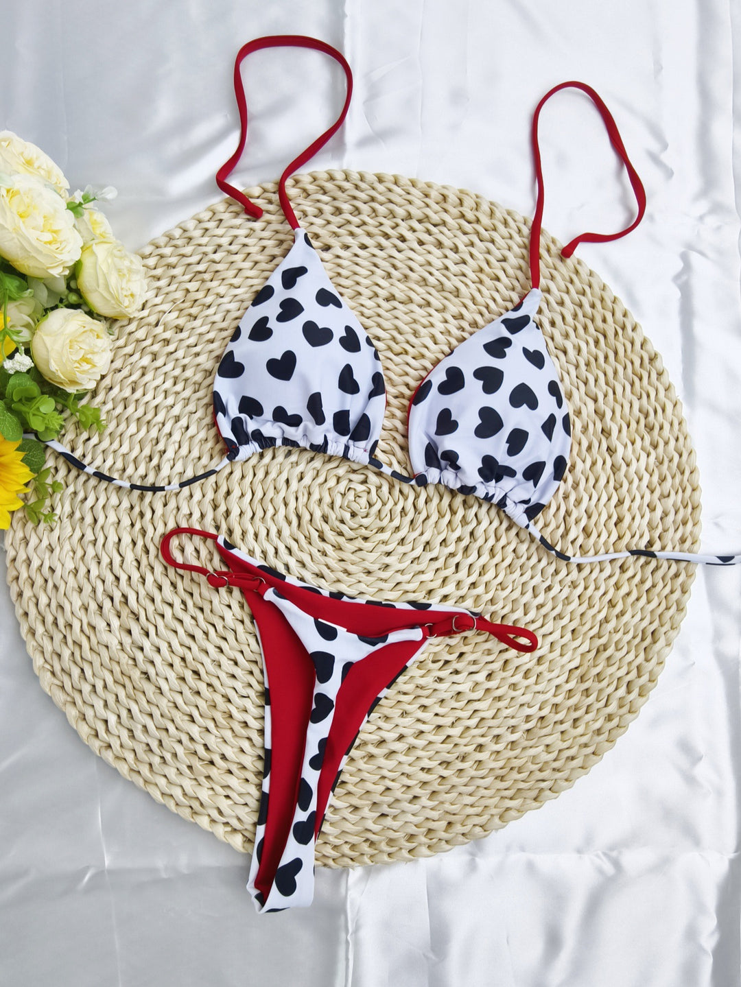 Damen Triangel-Bikini-Set mit fröhlichem Kirschmuster und verstellbaren Trägern Drune