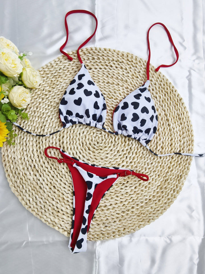 Damen Triangel-Bikini-Set mit fröhlichem Kirschmuster und verstellbaren Trägern Drune