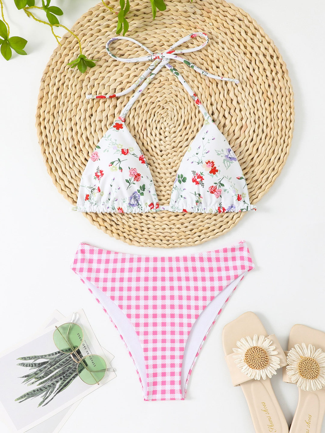 Damen Bikiniset mit floralem Muster und Gingham-Design Drune