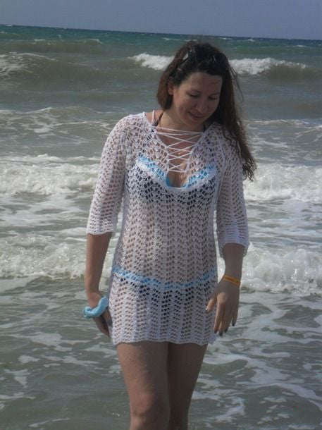Damen gehäkeltes Strandkleid mit tiefem V-Ausschnitt und verführerischem Rückenausschnitt Drune