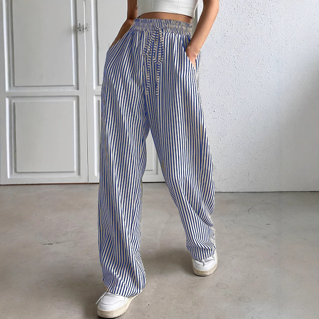 Damen Weit geschnittene Streifenhose mit elastischem Bund und Taschen Drune