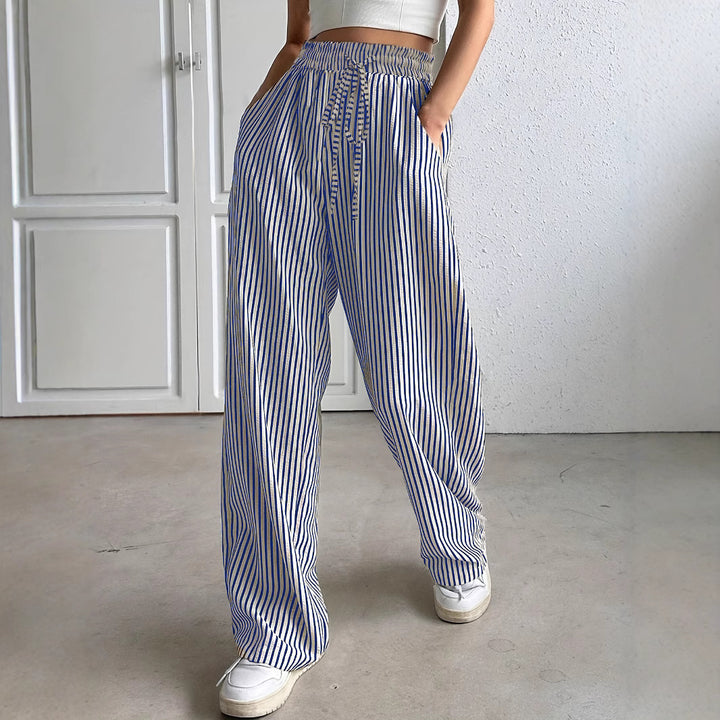 Damen Weit geschnittene Streifenhose mit elastischem Bund und Taschen Drune