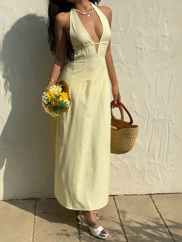 Damen Maxikleid mit tiefem V-Ausschnitt und raffiniertem Streifenmuster Drune
