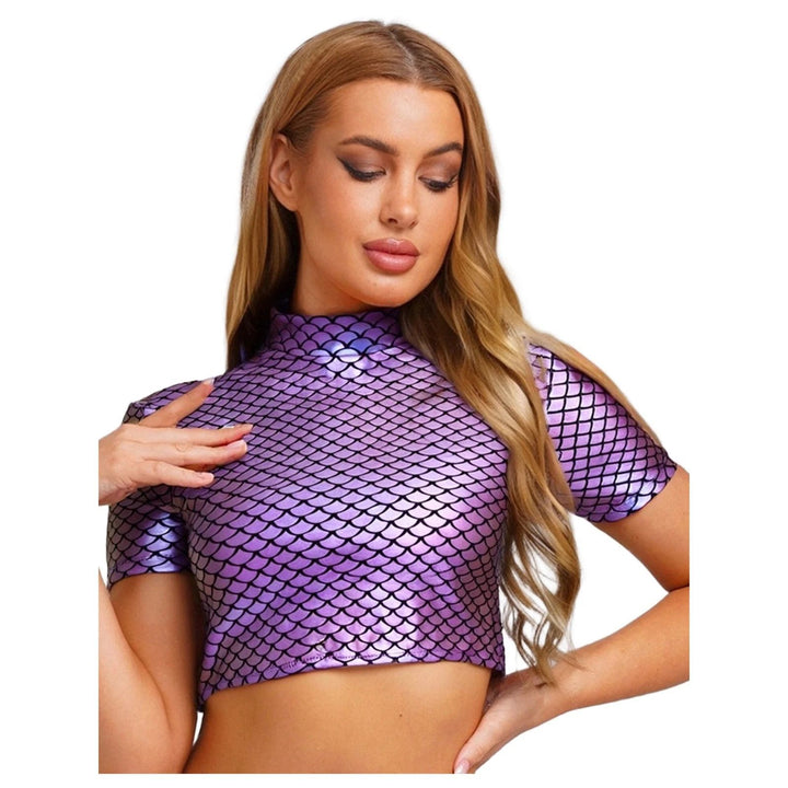 Damen Glitzerndes Cropped Shirt mit schimmerndem Fischschuppen-Muster Drune