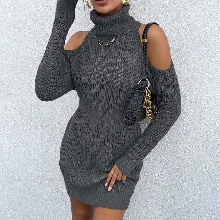 Damen Strickkleid mit offenem Schulterdesign und hohem Kragen Drune