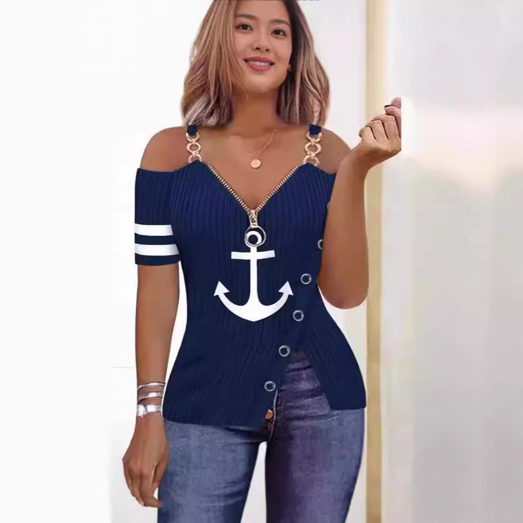 Damen Off-Shoulder Oberteil mit maritimem Motiv und dekorativen Knöpfen Drune