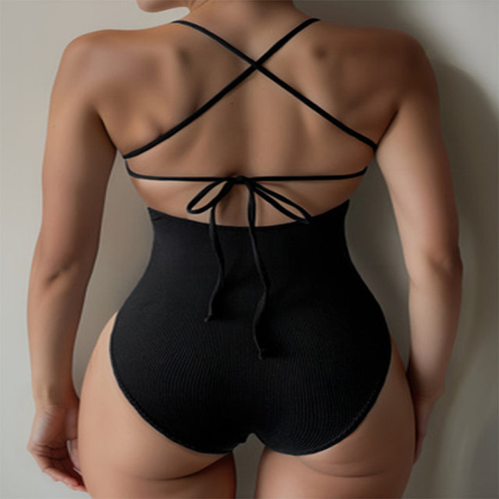 Damen Eleganter Badeanzug mit tiefem V-Ausschnitt und bindbaren Trägern Drune