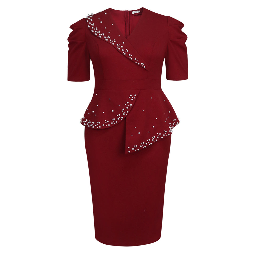 Damen figurbetontes Wickelkleid mit Rüschen und Perlenakzenten Drune