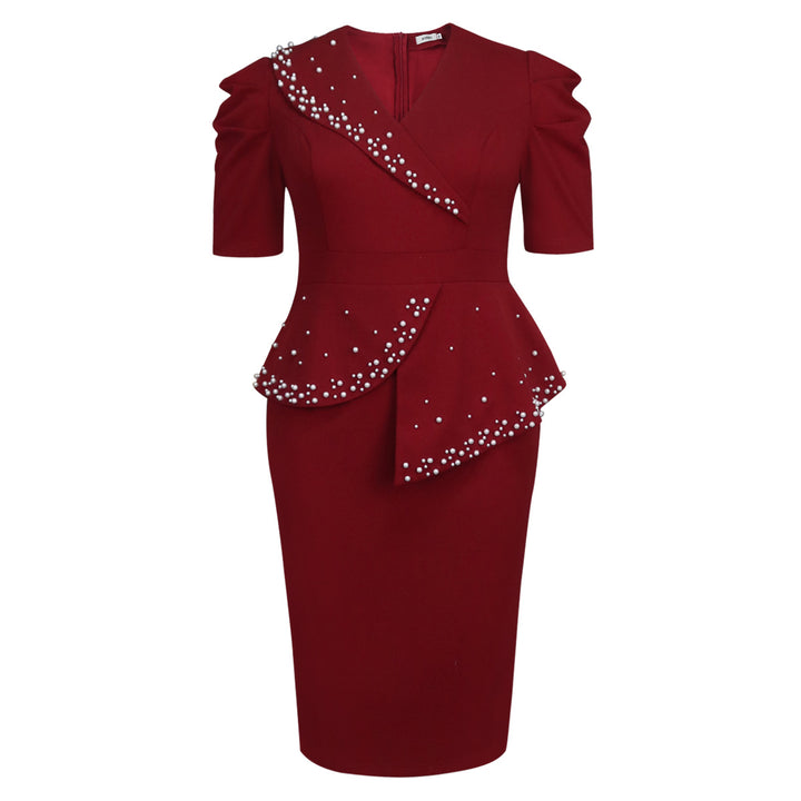 Damen figurbetontes Wickelkleid mit Rüschen und Perlenakzenten Drune