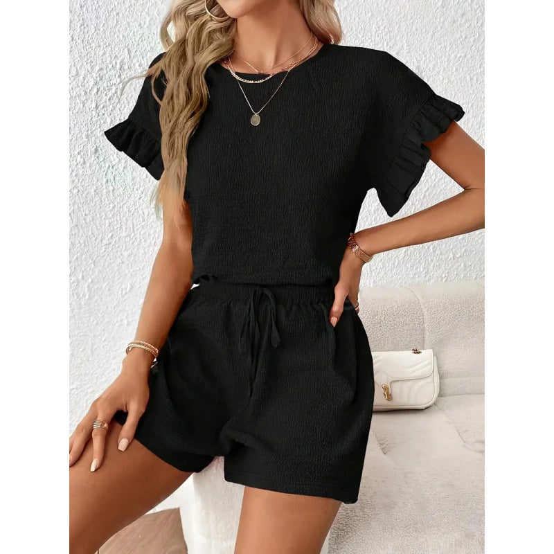 Damen lässiger Shortsanzug mit Rüschendetails und elastischem Taillenzug Drune