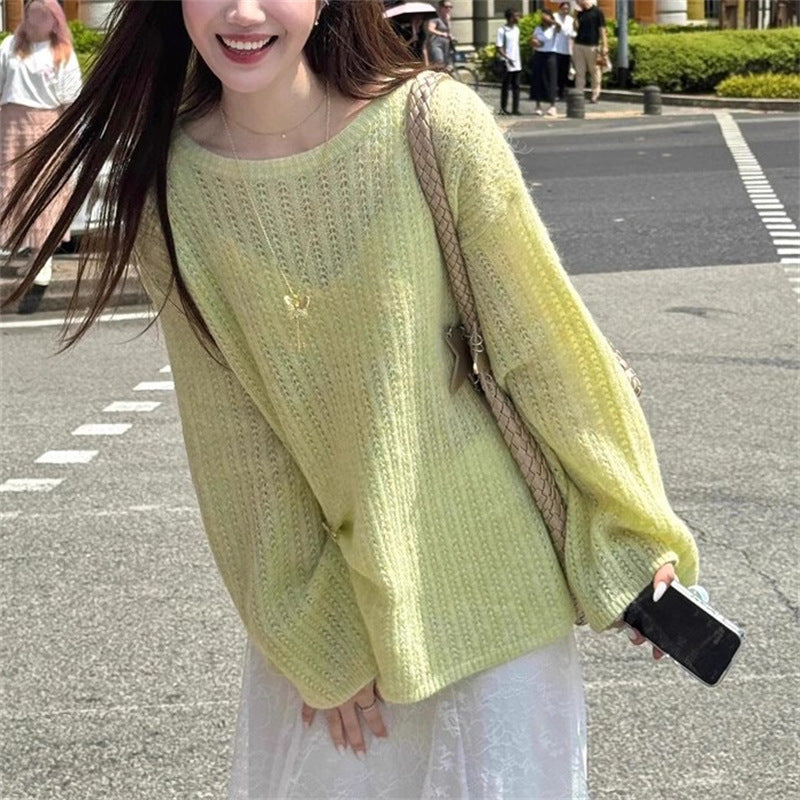 Damen Grobstrickpullover mit weitem Schnitt und modischen Ballonärmeln Drune