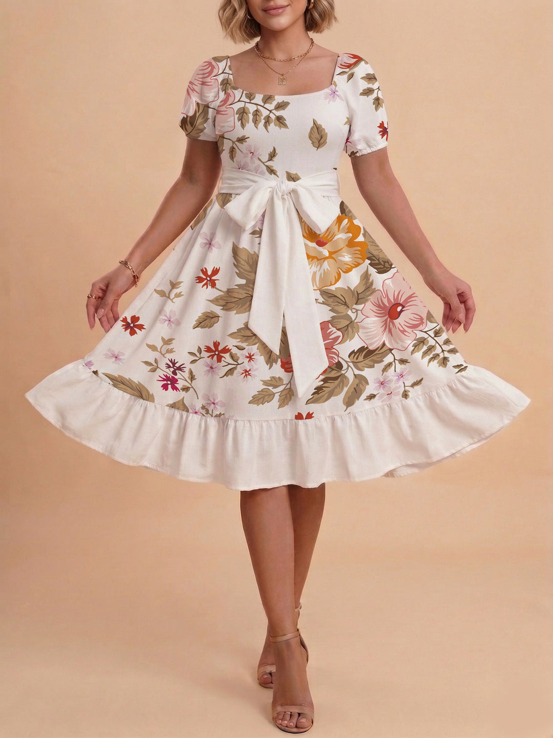 Damen Sommerliches Blumenkleid mit taillierbarem Gürtel und voluminösen Ärmeln Drune