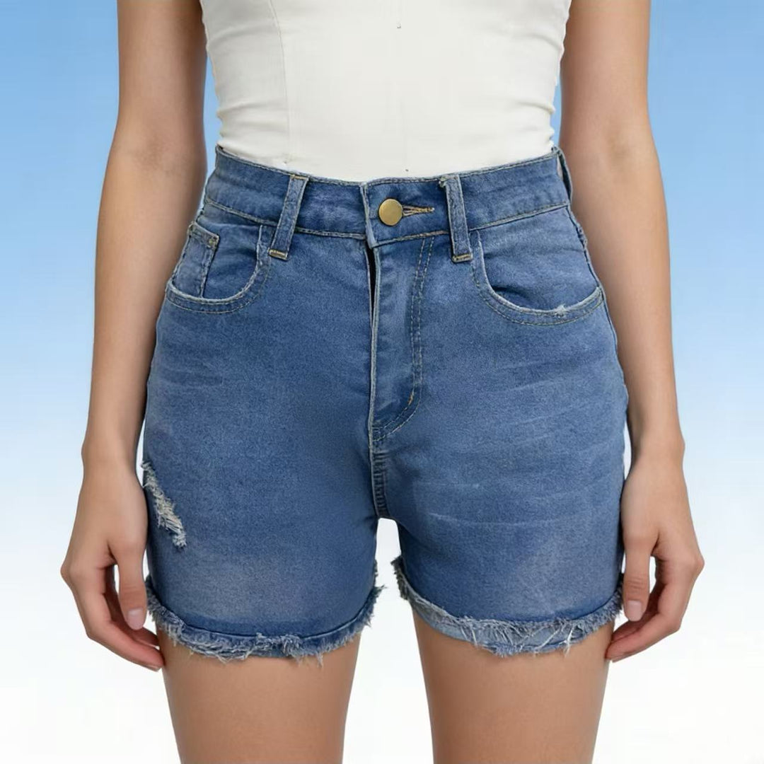 Damen lässige High-Waist Denim-Shorts mit Fransen und modischen Destroyed-Details Drune