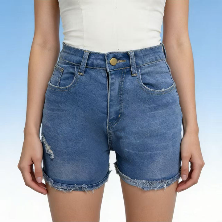 Damen lässige High-Waist Denim-Shorts mit Fransen und modischen Destroyed-Details Drune