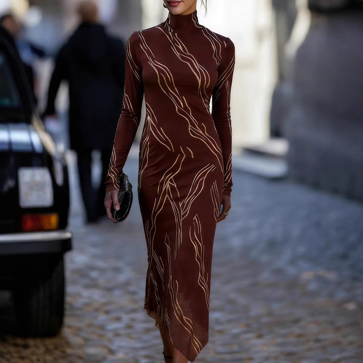Damen elegantes Midikleid aus elastischem Jersey mit dekorativem Muster Drune