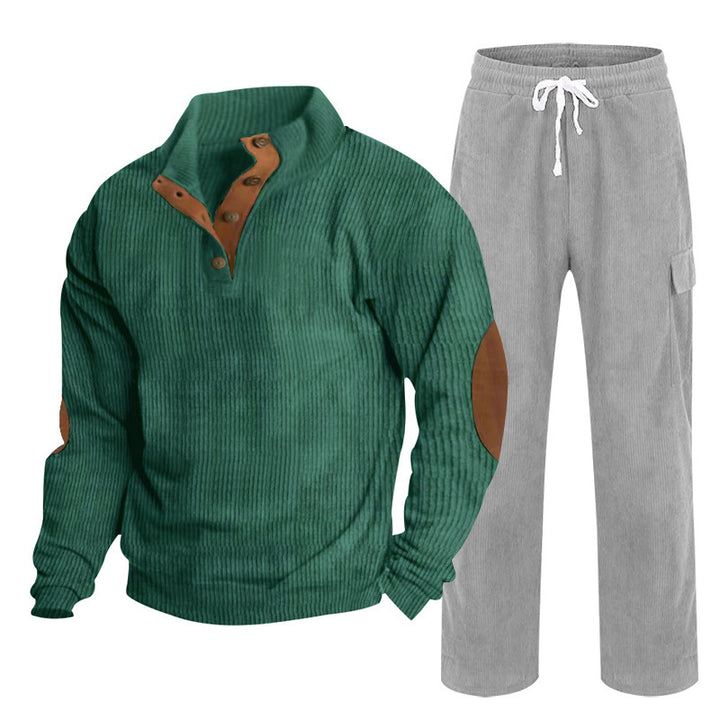 Herren nan Strick-Freizeitset mit Knopfleiste und Ellenbogenaufnähern sowie Cord-Cargohose Drune