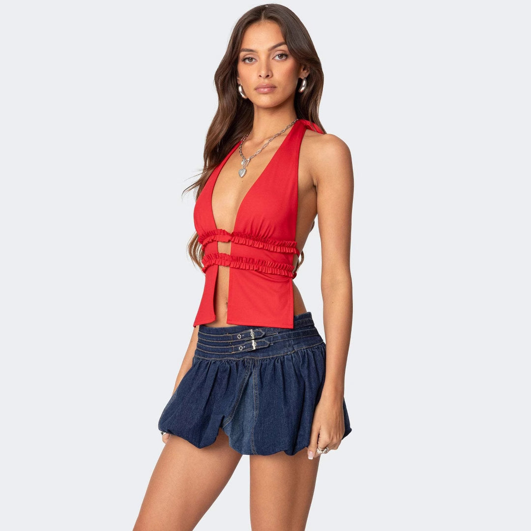 Damen Crop-Top mit Rüschendetails und schickem Cut-Out Drune