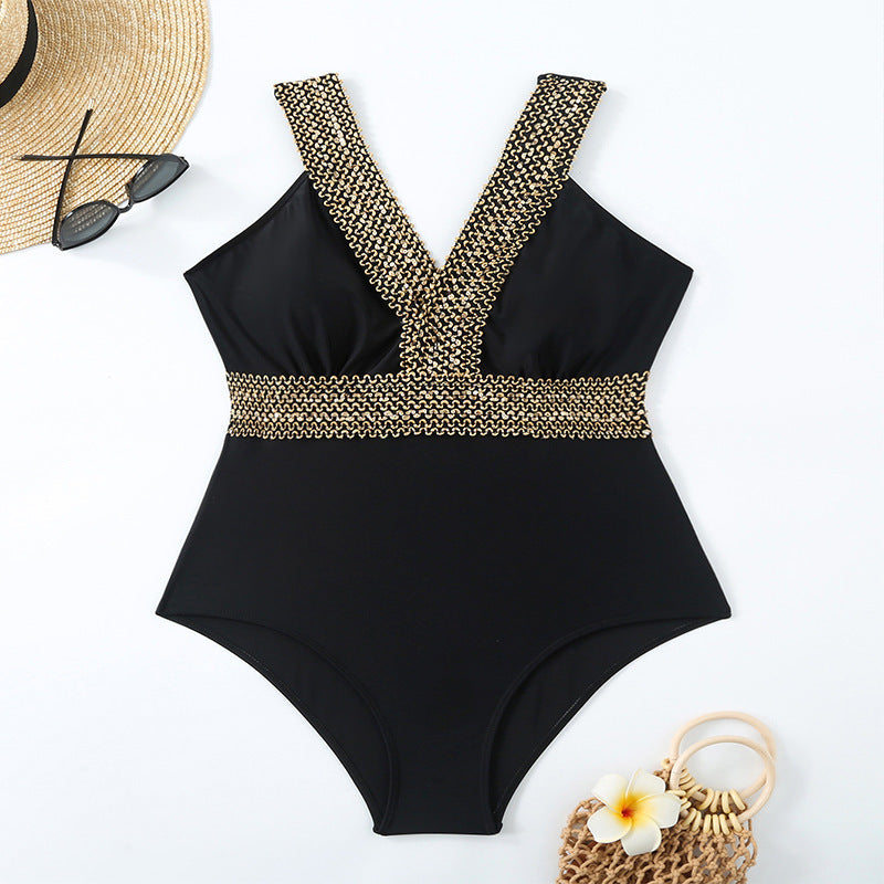Damen eleganter Einteiler Badeanzug mit luxuriösem Goldakzent Drune