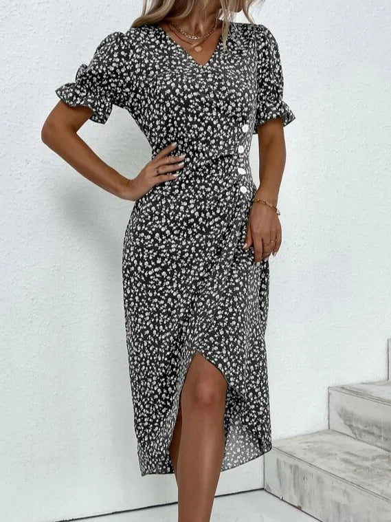 Damen Midikleid mit floralen Mustern und schmeichelndem V-Ausschnitt Drune
