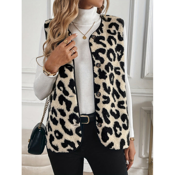 Damen Fellweste mit Leopardenmuster und Knopfverschluss Drune