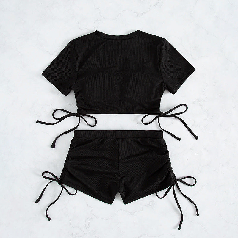 Damen cropped T-Shirt mit seitlichen Bindebändern Drune