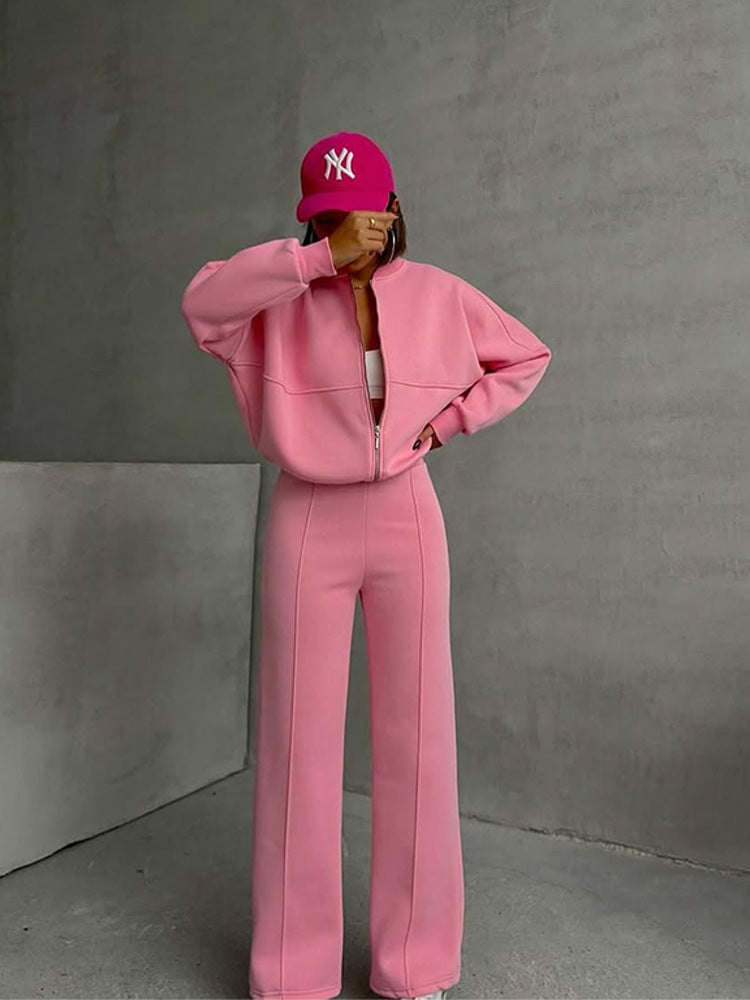 Damen nan Oversize Reißverschlussjacke mit weiter High-Waist Loungehose Set Drune