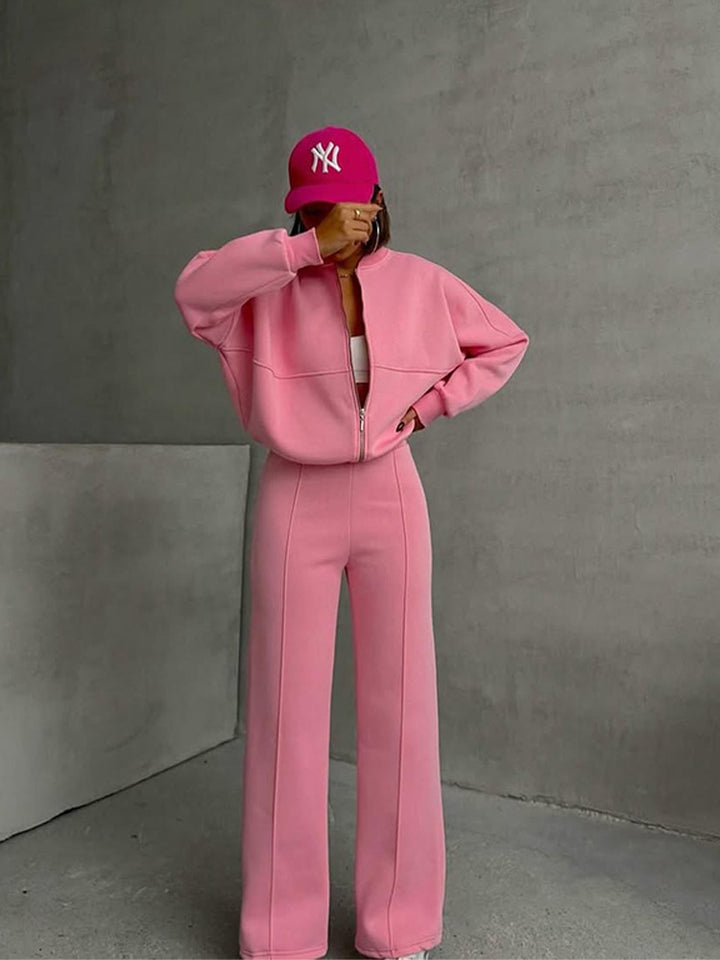 Damen nan Oversize Reißverschlussjacke mit weiter High-Waist Loungehose Set Drune
