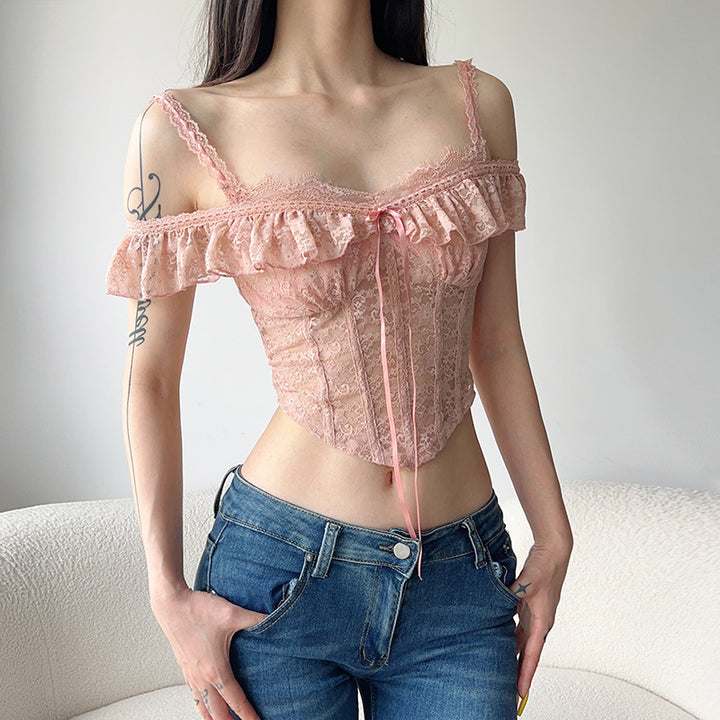 Damen Spitzenoberteil mit Rüschendetails Drune