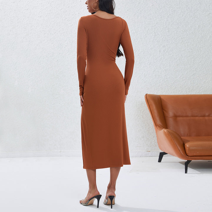 Damen figurbetontes Langarmkleid mit seitlichem Schlitz und asymmetrischem Ausschnitt Drune