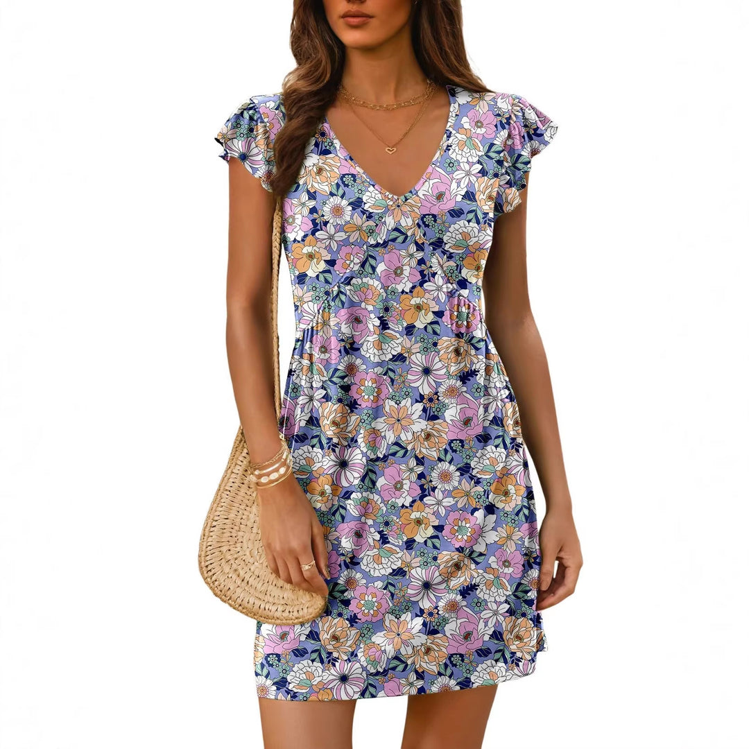 Damen luftiges sommerliches Kleid mit floralem Muster und V-Ausschnitt Drune