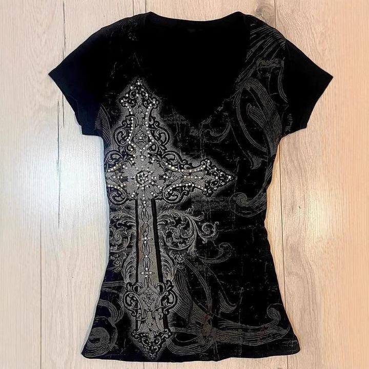Damen T-Shirt mit aufwendigem Kreuz-Design und Strass-Akzenten Drune