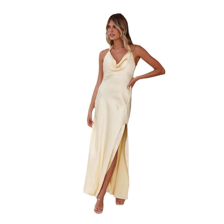 Damen Elegantes Langkleid mit schickem Wasserfall-Ausschnitt und hohem Schlitz Drune
